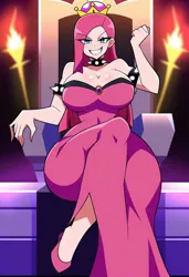 Size: 739x1081 | Tagged: semi-grimdark, ai content, machine learning generated, prompter:pinkamenausuario, evil grin, grin, image, jpeg, smiling, throne