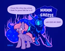 Size: 4096x3234 | Tagged: safe, artist:pastacrylic, derpibooru import, edit, derpy hooves, nightmare moon, alicorn, pegasus, pony, :d, blue background, cheese, derpy being derpy, dialogue, duo, female, food, g4, happy, helmet, image, jewelry, lesbian, mare, mmmm cheese, open mouth, open smile, png, regalia, ship:nightmarederp, shipping, simple background, smiling