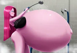Size: 1081x739 | Tagged: suggestive, ai content, machine learning generated, prompter:pinkamenausuario, pinkie pie, equestria girls, belly inflation, image, jpeg, pinkamena diane pie, shower