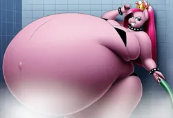 Size: 1081x739 | Tagged: suggestive, ai content, machine learning generated, prompter:pinkamenausuario, pinkie pie, belly inflation, image, jpeg, pinkamena diane pie, shower, sumo