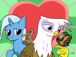 Size: 2000x1500 | Tagged: safe, artist:ashesg, derpibooru import, gilda, trixie, bird, butterfly, duck, gryphon, insect, pony, unicorn, g4, heart, horn, image, jpeg, pet, pets