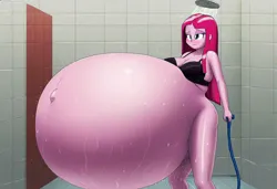 Size: 1081x739 | Tagged: suggestive, ai content, machine learning generated, prompter:pinkamenausuario, pinkie pie, equestria girls, belly inflation, image, jpeg, pinkamena diane pie, shower