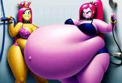 Size: 1081x739 | Tagged: suggestive, ai content, machine learning generated, prompter:pinkamenausuario, fluttershy, pinkie pie, belly inflation, image, jpeg, pinkamena diane pie, shower, sumo