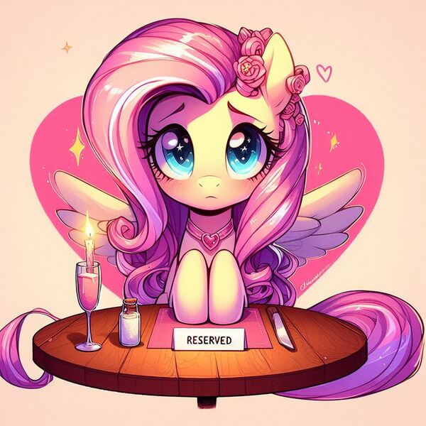 Size: 1024x1024 | Tagged: safe, ai content, derpibooru import, machine learning generated, fluttershy, cute, date, dinner, generator:dall-e 3, image, jpeg, looking at you, nervous, shyabetes