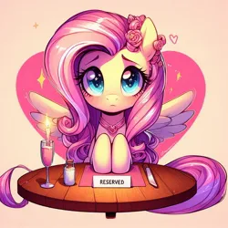 Size: 1024x1024 | Tagged: safe, ai content, derpibooru import, machine learning generated, fluttershy, cute, date, dinner, generator:dall-e 3, image, jpeg, looking at you, nervous, shyabetes