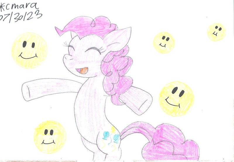 Size: 1373x949 | Tagged: safe, artist:cmara, derpibooru import, pinkie pie, earth pony, drawing, female, g4, image, jpeg, simple background, smiley face, smiling, solo, white background