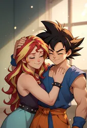 Size: 3328x4864 | Tagged: safe, ai content, derpibooru import, machine learning generated, stable diffusion, sunset shimmer, backlighting, belt, closed mouth, clothes, depth of field, dragon ball, dragon ball z, eyes closed, g4, generator:pony diffusion v6 xl, generator:purplesmart.ai, hand on chest, hand on head, happy, hug, image, png, prompter:lerkyboy, smiling, son goku, tanktop, wristband