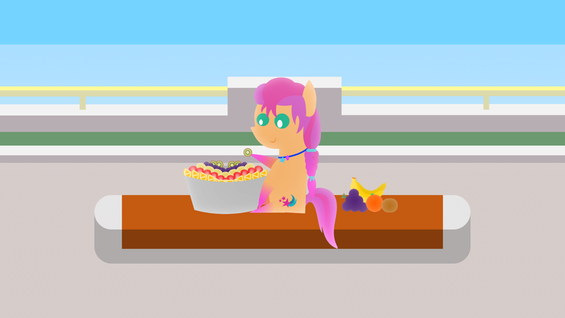 Size: 1920x1080 | Tagged: safe, artist:carrotorangelight, derpibooru import, sunny starscout, earth pony, pony, g5, food, fruit, fruit salad, image, log, png, salad, sitting, solo