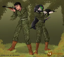 Size: 4768x4299 | Tagged: safe, artist:jackudoggy, derpibooru import, oc, oc:mechanical shield, oc:newgray, unofficial characters only, human, clothes, commission, focused, forest, gun, humanized, humanized oc, image, jungle, nature, png, soldier, tree, uniform, weapon
