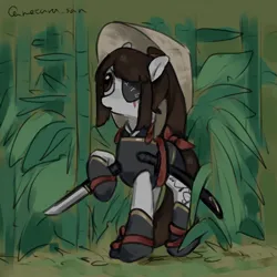 Size: 4096x4096 | Tagged: safe, artist:metaruscarlet, derpibooru import, oc, oc:ohasu, unofficial characters only, earth pony, pony, bamboo, clothes, eye scar, eyepatch, facial scar, forest, forest background, hat, image, japanese, katana, kimono (clothing), leaves, moon runes, open mouth, png, ponytail, ribbon, scar, solo, sword, tattoo, tree, weapon