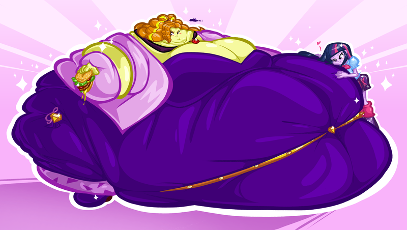 Size: 3280x1852 | Tagged: questionable, artist:edgeofmind, derpibooru import, adagio dazzle, twilight sparkle, human, equestria girls, belly, big belly, big breasts, bingo wings, blushing, breasts, burger, busty adagio dazzle, chubby cheeks, double chin, fat, fat boobs, floating heart, food, g4, hamburger, heart, huge belly, huge breasts, image, immobile, impossibly large belly, impossibly large breasts, impossibly obese, morbidly obese, neck roll, obese, png, weight gain