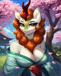 Size: 2048x2560 | Tagged: suggestive, ai content, derpibooru import, machine learning generated, stable diffusion, autumn blaze, anthro, kirin, absolute cleavage, bedroom eyes, big breasts, breasts, bust, busty autumn blaze, cherry blossoms, cleavage, clothes, female, flower, flower blossom, g4, generator:pony diffusion v6 xl, heart, heart eyes, horn, image, japanese, jpeg, kimono (clothing), looking at you, moon runes, prompter:frostru, sexy, smiling, smiling at you, solo, solo female, stupid sexy autumn blaze, wingding eyes