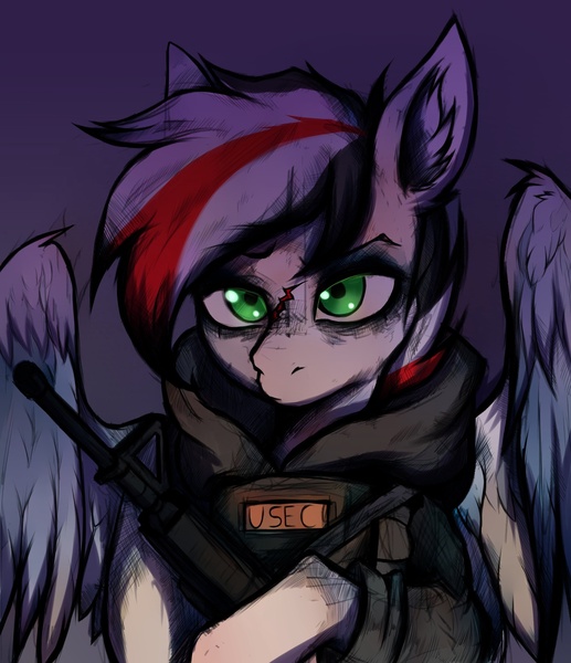 Size: 1862x2160 | Tagged: grimdark, derpibooru import, oc, oc:damiyan, pegasus, clothes, escape from tarkov, green eyes, gun, image, jpeg, m4a1, military, pmc, solo, thousand yard stare, usec, vest, weapon, white fur