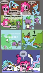 Size: 982x1674 | Tagged: artist needed, safe, derpibooru import, pinkie pie, princess celestia, rainbow dash, spike, dragon, pony, baby, baby dragon, comic, g4, image, jpeg