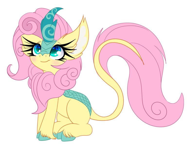 Size: 2392x1848 | Tagged: safe, artist:windykirin, derpibooru import, fluttershy, kirin, pegasus, pony, blushing, cute, female, g4, image, kirinified, png, shyabetes, simple background, solo, solo female, species swap, transparent background