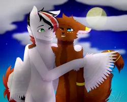 Size: 1801x1440 | Tagged: artist needed, source needed, safe, derpibooru import, oc, oc:damiyan, cat, pegasus, cloud, furry, green eyes, hug, image, jpeg, moon, night, white fur