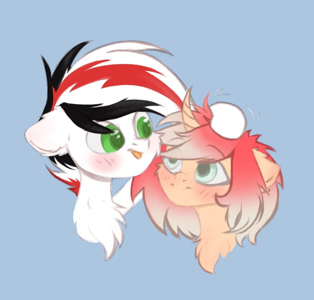 Size: 1990x1900 | Tagged: source needed, safe, artist:polly, derpibooru import, oc, oc:damiyan, oc:kllasiya, pegasus, unicorn, green eyes, horn, image, jpeg, pat, simple background, white fur