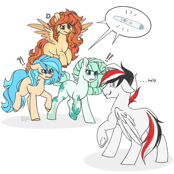 Size: 1024x1024 | Tagged: source needed, safe, artist:reins, derpibooru import, oc, oc:damiyan, earth pony, pegasus, pony, colored hooves, cross-popping veins, earth pony oc, emanata, exclamation point, female, flying, green eyes, help, image, implied infidelity, interrobang, jpeg, male, mare, meme, oc x oc, pegasus oc, pregnancy test, pregnant, question mark, shipping, simple background, speech bubble, stallion, standing, straight, text, white background, white fur, wings