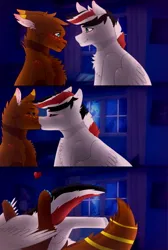 Size: 808x1200 | Tagged: safe, derpibooru import, oc, oc:damiyan, cat, pegasus, comic, furry, green eyes, image, jpeg, kissing, night, room, white fur