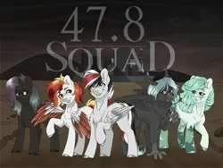 Size: 2224x1668 | Tagged: source needed, safe, artist:reins, derpibooru import, oc, oc:damiyan, earth pony, gryphon, pegasus, pony, unicorn, fallout equestria, green eyes, horn, image, jpeg, text, white fur