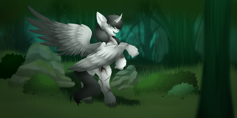 Size: 4096x2048 | Tagged: safe, artist:sheru, derpibooru import, oc, unofficial characters only, alicorn, crooked horn, forest, grin, horn, image, nature, png, scar, smiling, tree