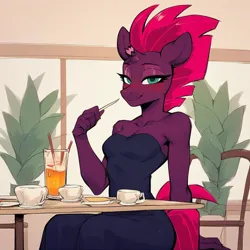 Size: 1024x1024 | Tagged: safe, ai content, derpibooru import, machine learning generated, prompter:stormblazer92, stable diffusion, tempest shadow, anthro, blushing, broken horn, clothes, cup, date, dress, drink, g4, generator:purplesmart.ai, horn, image, lidded eyes, looking at you, png, potted plant, restaurant, sitting, smiling, smiling at you, strapless dress, table, teacup, window