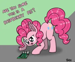 Size: 1844x1512 | Tagged: safe, artist:banquo0, derpibooru import, pinkie pie, earth pony, pony, circuit board, computer, confused, curious, image, open mouth, png, pun, raspberry pi, solo, text, visual pun