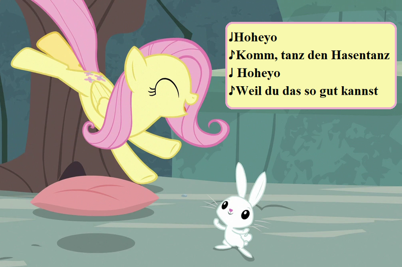 Size: 1008x672 | Tagged: safe, derpibooru import, edit, edited screencap, editor:korora, screencap, angel bunny, fluttershy, she talks to angel, angelbetes, cropped, cute, german, hasentanz, image, lyrics, png, schnuffel, shyabetes, song reference, text, translated in the description