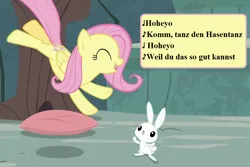 Size: 1008x672 | Tagged: safe, derpibooru import, edit, edited screencap, editor:korora, screencap, angel bunny, fluttershy, she talks to angel, angelbetes, cropped, cute, german, hasentanz, image, lyrics, png, schnuffel, shyabetes, song reference, text, translated in the description