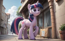 Size: 1280x800 | Tagged: safe, ai content, derpibooru import, machine learning generated, prompter:kylebilibili, stable diffusion, twilight sparkle, pony, unicorn, 3d, colored, confidence, derpibooru exclusive, female, g4, generator:pony diffusion v6 xl, generator:purplesmart.ai, horn, image, looking at someone, mane, outdoors, png, show accurate, solo, street, town, unicorn twilight