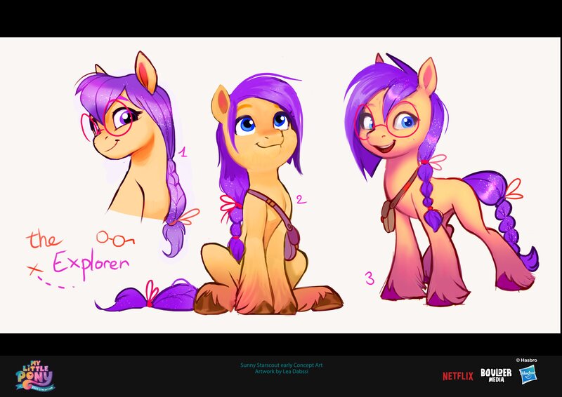 Size: 4096x2896 | Tagged: safe, artist:imalou, boulder media, derpibooru import, official, sunny starscout, earth pony, pony, g5, my little pony: a new generation, alternate design, boulder media logo, braid, braided ponytail, concave belly, concept art, female, glasses, hasbro, hasbro logo, hoof fluff, image, jpeg, logo, mare, netflix, netflix logo, ponytail, scrunchie, sitting, slender, solo, standing, thin, unshorn fetlocks