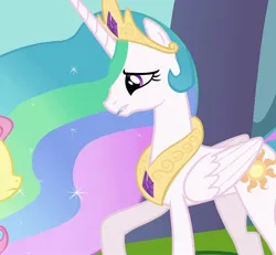 Size: 1168x1080 | Tagged: safe, derpibooru import, screencap, fluttershy, princess celestia, alicorn, pegasus, pony, keep calm and flutter on, cropped, ethereal mane, ethereal tail, g4, image, jewelry, jpeg, looking at each other, looking at someone, regalia, tail