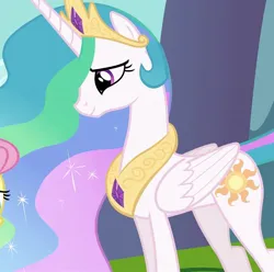 Size: 1089x1080 | Tagged: safe, derpibooru import, screencap, fluttershy, princess celestia, alicorn, pegasus, pony, keep calm and flutter on, cropped, ethereal mane, g4, image, jewelry, jpeg, looking at someone, looking down, regalia, smiling