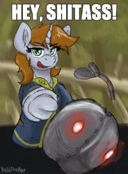 Size: 1924x2608 | Tagged: safe, artist:reddthebat, derpibooru import, oc, oc:littlepip, unofficial characters only, pony, unicorn, fallout equestria, dialogue, eyebrows, eyebrows visible through hair, female, frog (hoof), grenade, horn, image, jpeg, mare, smiling, smirk, solo, talking to viewer, text, this will end in explosions, underhoof, vulgar
