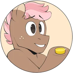 Size: 400x400 | Tagged: safe, artist:foxgoo, oc, oc:carton, unofficial characters only, earth pony, pony, advertisement, bits, bust, coin, earth pony oc, eyebrows, eyebrows visible through hair, freckles, grin, hoof hold, image, male, png, simple background, smiling, solo, stallion, transparent background