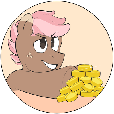 Size: 400x400 | Tagged: safe, artist:foxgoo, oc, oc:carton, unofficial characters only, earth pony, pony, advertisement, bits, bust, coin, earth pony oc, eyebrows, eyebrows visible through hair, freckles, grin, image, male, png, simple background, smiling, smug, solo, stallion, transparent background