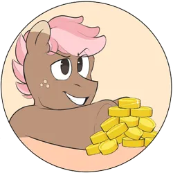 Size: 400x400 | Tagged: safe, artist:foxgoo, oc, oc:carton, unofficial characters only, earth pony, pony, advertisement, bits, bust, coin, earth pony oc, eyebrows, eyebrows visible through hair, freckles, grin, image, male, png, simple background, smiling, smug, solo, stallion, transparent background