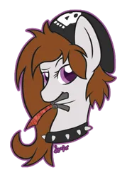 Size: 755x1057 | Tagged: safe, artist:lemonlou, oc, oc:kumikoshy, unofficial characters only, earth pony, pony, beanie, bust, butterfly knife, choker, earth pony oc, female, hat, image, knife, mare, mouth hold, png, raised eyebrow, simple background, solo, spiked choker, transparent background