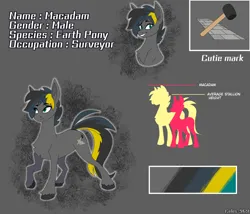 Size: 3500x3000 | Tagged: safe, artist:celes-969, derpibooru import, oc, oc:macadam, unofficial characters only, earth pony, pony, color palette, cutie mark, gray background, image, looking at something, looking at you, male, multicolored hair, multicolored tail, palette, png, raised hoof, reference sheet, simple background, smiling, solo, stallion, tail, text