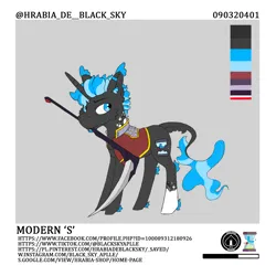Size: 1280x1280 | Tagged: safe, artist:hrabiadeblacksky, derpibooru import, oc, oc:hrabia de black sky, unofficial characters only, hybrid, pony, unicorn, blue eyes, blue hair, clothes, dock, horn, image, male, modern, png, reference sheet, scythe, solo, stallion, suit, tail