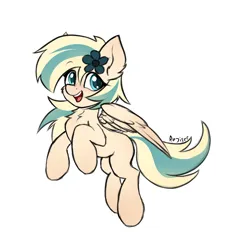 Size: 1500x1600 | Tagged: safe, artist:rejiser, derpibooru import, oc, oc:sea breeze, unofficial characters only, pegasus, pony, barrette, chest fluff, ear fluff, female, flower, flying, image, open mouth, pegasus wings, png, simple background, smiling, solo, tail, white background, wings