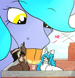 Size: 1221x1275 | Tagged: safe, artist:deadsmoke, derpibooru import, oc, oc:cristopher, oc:kate sanders, oc:snowflake white, pony, chest fluff, commission, cute, giant pony, heart, image, jpeg, licking, macro, smol, tongue out