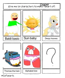 Size: 1715x2048 | Tagged: suggestive, derpibooru import, derpy hooves, six fanarts, alphabet lore, baldi's basics in education and learning, diaper, image, non-baby in diaper, png, sun baby, teletubbies, thomas the tank engine