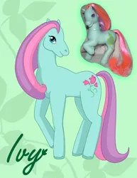 Size: 612x792 | Tagged: safe, artist:multigal, derpibooru import, ivy, earth pony, pony, g2, 2011, female, image, jpeg, mare, raised hoof, redesign, solo, tail, toy, toy reference, unshorn fetlocks