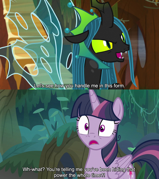 Size: 1280x1440 | Tagged: safe, derpibooru import, edit, edited screencap, editor:jaredking779, screencap, mean twilight sparkle, queen chrysalis, alicorn, changeling, changeling queen, pony, season 8, season 9, the ending of the end, the mean 6, spoiler:s08, spoiler:s09, caption, duo, female, g4, image, jpeg, mare, text, ultimate chrysalis