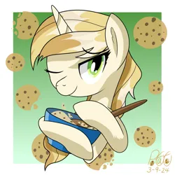 Size: 1861x1861 | Tagged: safe, artist:notadeliciouspotato, derpibooru import, sweet biscuit, pony, unicorn, abstract background, bowl, bust, cookie, eyebrows, eyebrows visible through hair, female, food, g4, gradient background, horn, image, looking at you, mare, one eye closed, png, signature, smiling, smiling at you, solo