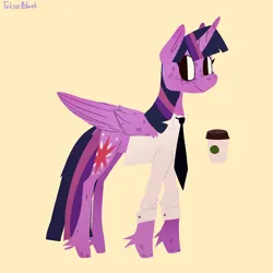 Size: 1280x1280 | Tagged: safe, artist:toksinblack, derpibooru import, twilight sparkle, alicorn, pony, clothes, coffee, coffee cup, cup, female, image, mare, necktie, png, shirt, simple background, smiling, solo