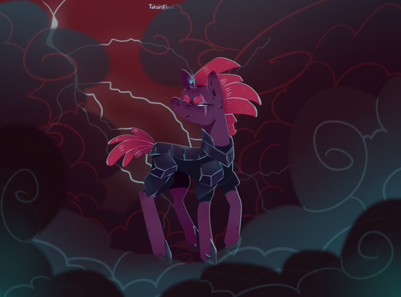 Size: 1280x948 | Tagged: safe, artist:toksinblack, derpibooru import, tempest shadow, pony, unicorn, armor, concave belly, female, horn, image, lightning, mare, png, slender, smoke, solo, thin