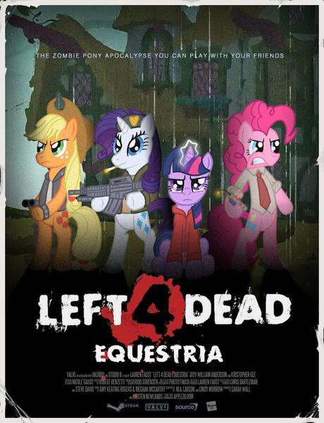 Size: 890x1162 | Tagged: safe, artist:ozone48, derpibooru import, applejack, pinkie pie, rarity, twilight sparkle, anthro, earth pony, unicorn, clothes, crossover, g4, gun, hat, horn, image, jpeg, left 4 dead, necktie, pipebomb, rain, rifle, weapon