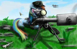 Size: 1680x1080 | Tagged: safe, artist:scatch42, derpibooru import, rainbow dash, pegasus, army, g4, gun, image, jpeg, military, plane, rifle, scope, weapon